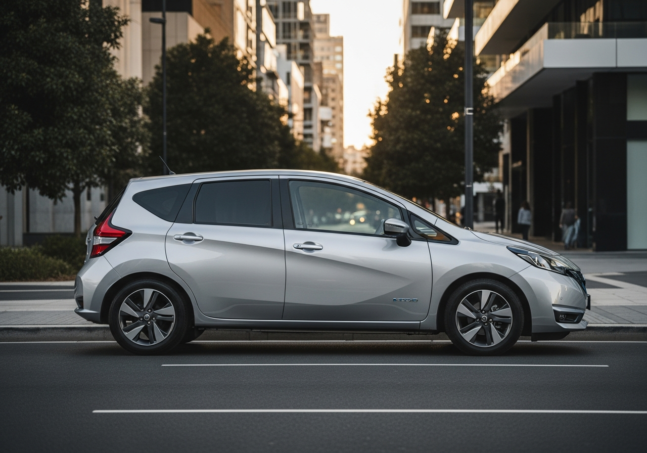 A silver Nissan Note e-POWER X, a top used hybrid for fuel savings, parked on a suburban Australian street.
